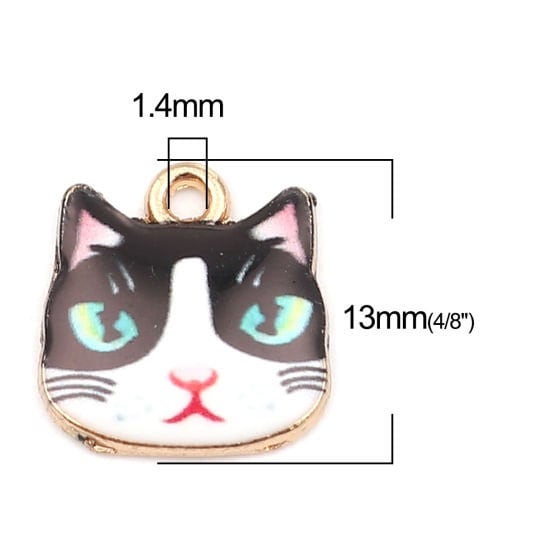 Cat head charm, enamel cat charm, angry face black and white cat with green eyes