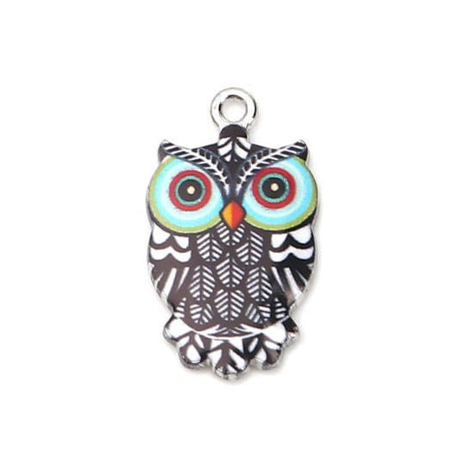 Owl charm, enamel patterned bird, black with blue and red eyes, silver metal charm , bracelet and pendant charm