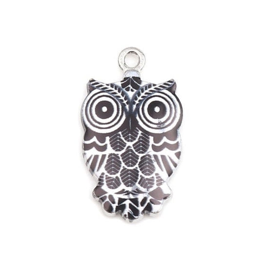 Black Owl charms fancy patterned color enamel top alloy black and white owl  styles charm metal charm lot with silver back