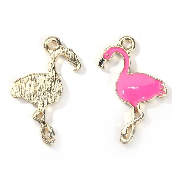 Pink flamingo charms, enamel charm gold plated back, large pendant charm