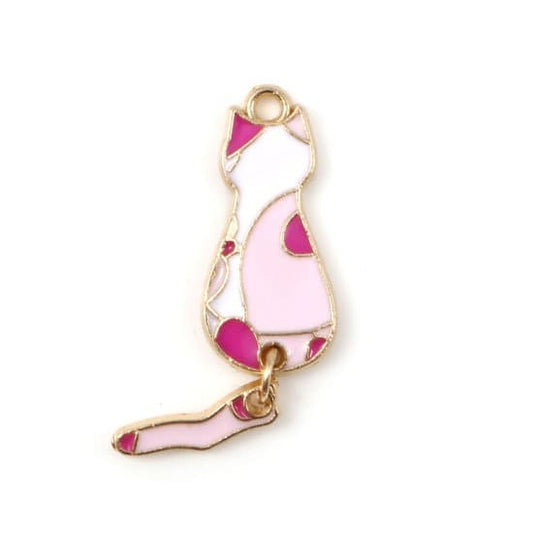 Pink  Cat with moveable tail dangle enamel cat charm white and pink spots  with gold plated back