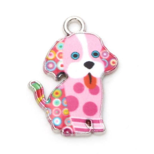 Pink dog with spots, enamel charm with pink spots and patterned , amimal theme charm silver back