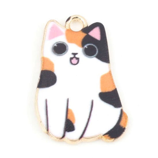 White cat  charm, enamel cat with spots gold plated charm, orange and black cat