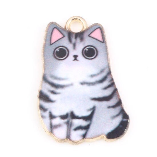 Gray Tabby cat charm, large enamel cat with stripes gold plated charm