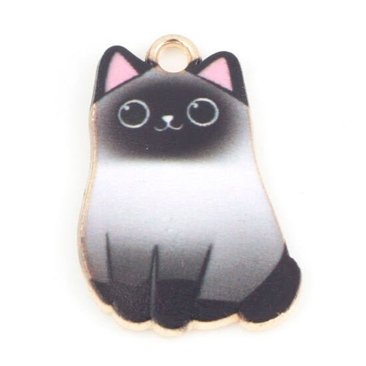 Cat charm, large enamel pendant charm, Black and white cat, gold plated back, large eye cat