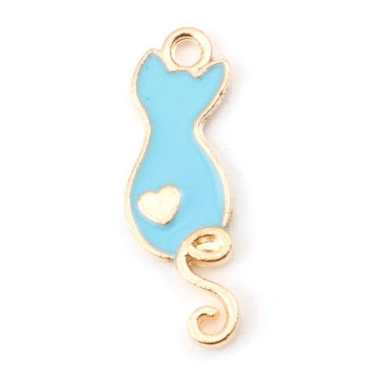 Cat charm outline, enamel cat with gold plated backs and curly tail and heart on cat butt blue cat