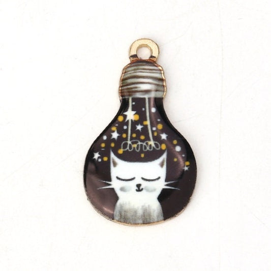 White cat in a black bulb enamel charm pendant enamel cat black and white gold alloy back cat with closed eyes and stars