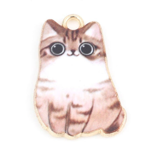 Cat charm, large enamel pendant charm with smiling cat and stripes, gold plated charm with brown and white pattern