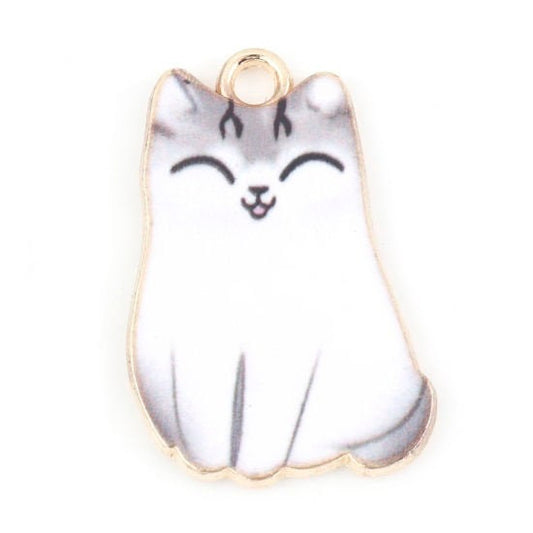 Cat charm, enamel pendant charm, sleeping white cat charm,  gold  plated with grey head and tail