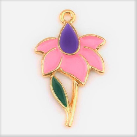 Echinacea flower hot pink and purple  large enamel charm with stem gold plated charms keychain sized for large pendant charm