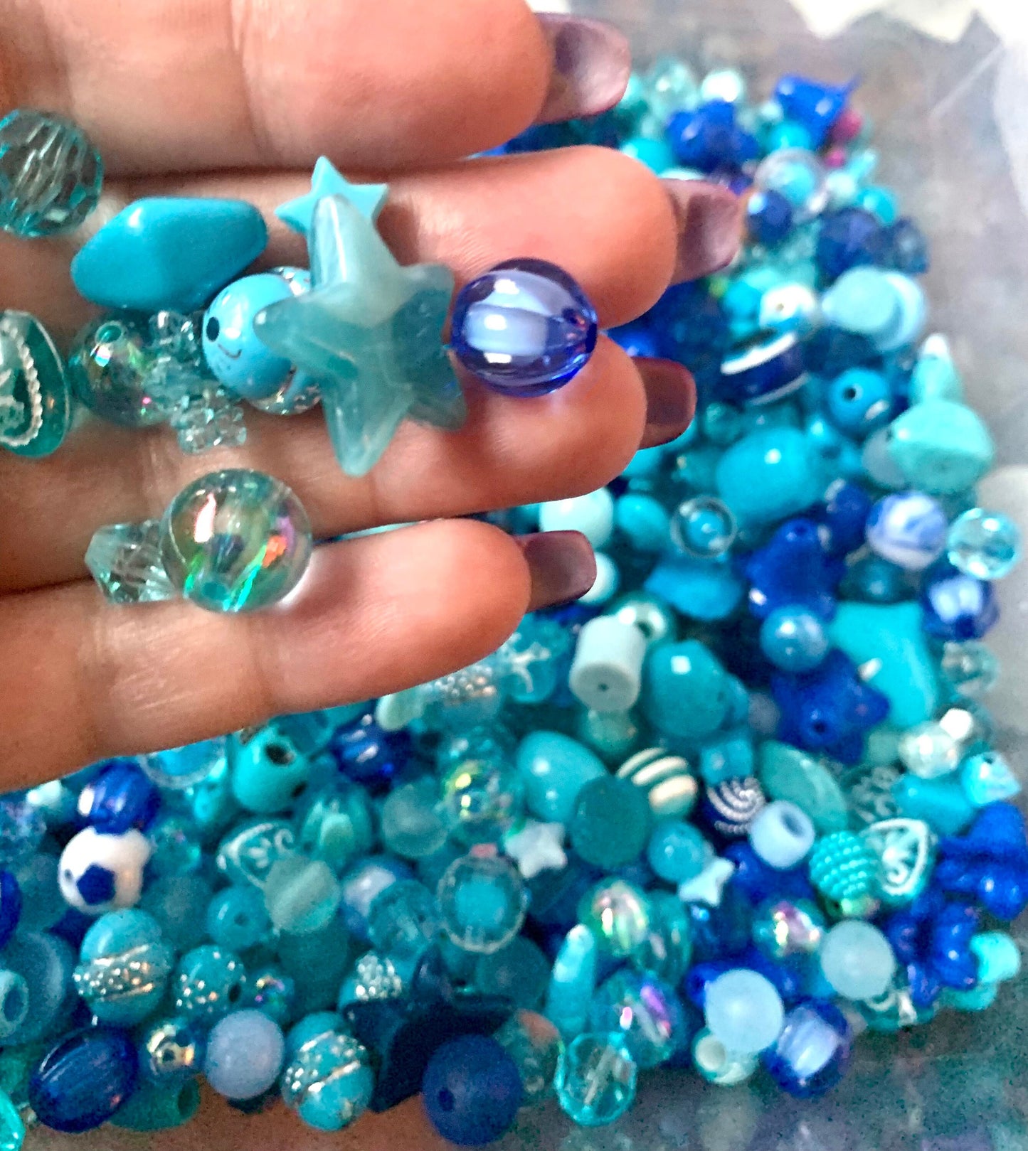 Blue bulk  bead mix, acrylic bead soup, assorted  pale blue and dark blue beads in assorted sizes and styles