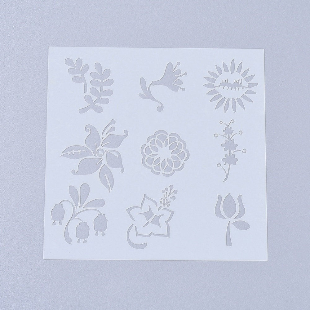 Plant stencil mix of 9 style flower and leaf assorted mix of styles stencil plastic template 13cm flexible stencil