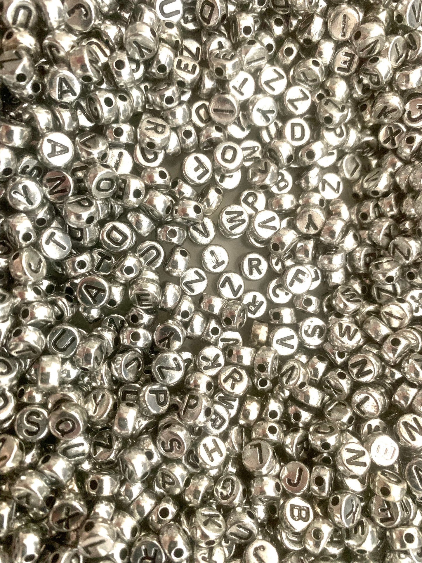 Silver alphabet bead, RUSTIC with black letter beads,  Round 7mm bead , antique style double sided bead