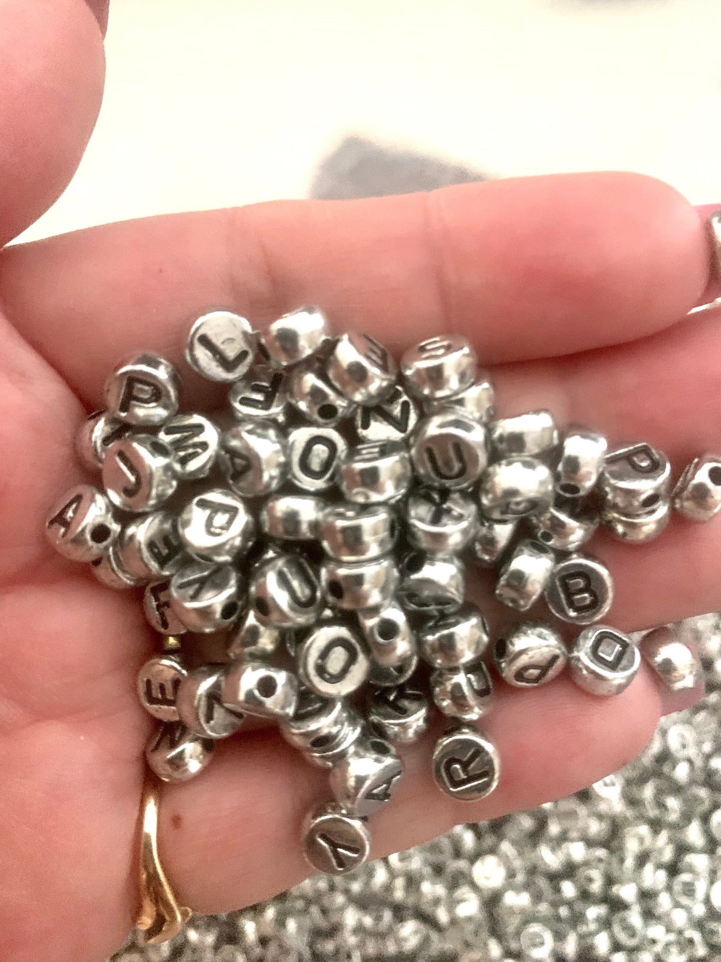 Silver alphabet bead, RUSTIC with black letter beads,  Round 7mm bead , antique style double sided bead