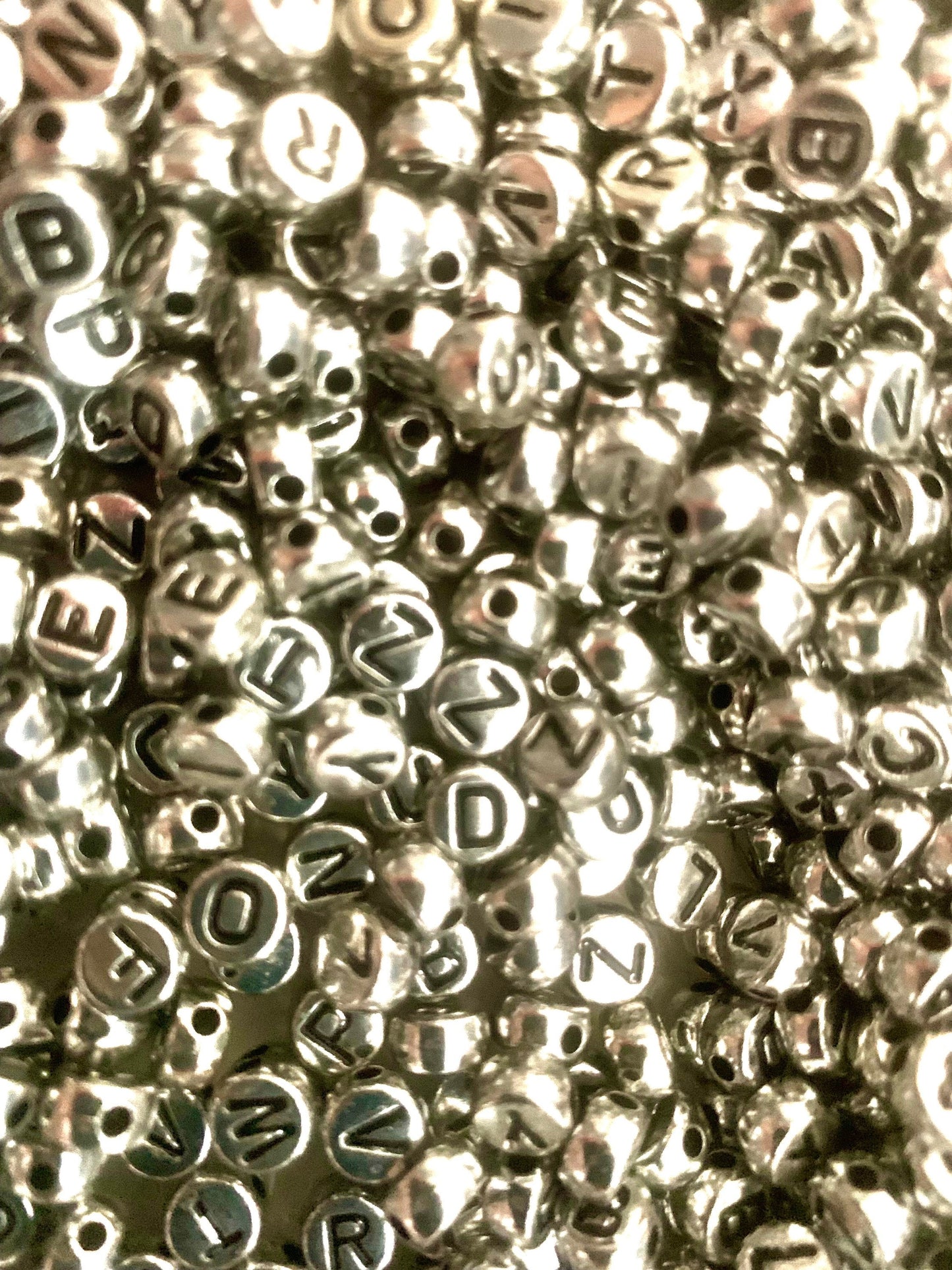 Silver alphabet bead, RUSTIC with black letter beads,  Round 7mm bead , antique style double sided bead