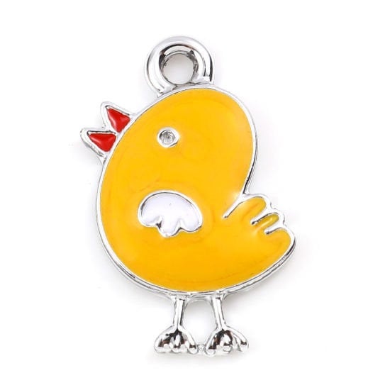 Easter chick charms, yellow enamel bird,  pendant charm silver back bird charms, easter theme charms