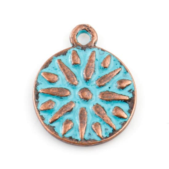 Aztec copper charm, antique burnished  turquoise charm , double sided charm