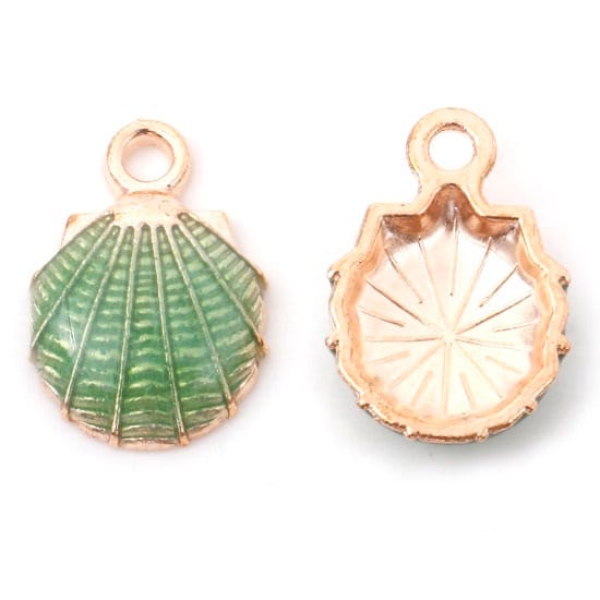 Green shell charm, sea shell green topped charm, gold plated shell charm