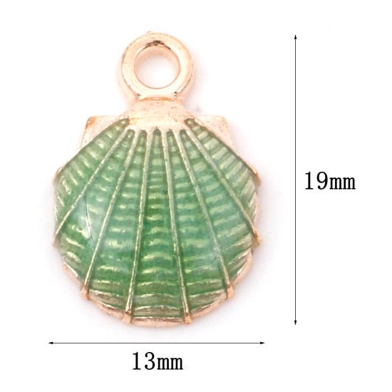 Green shell charm, sea shell green topped charm, gold plated shell charm