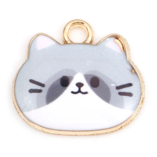 Cat face charm, gray face with white enamel cat , gold plated charm lot, large face charm