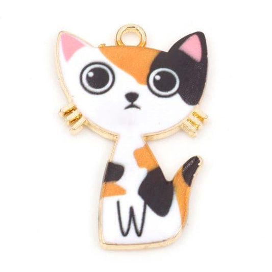 White spotted cat, large enamel charm with spots gold plated charm, orange and black cat, keychain charm