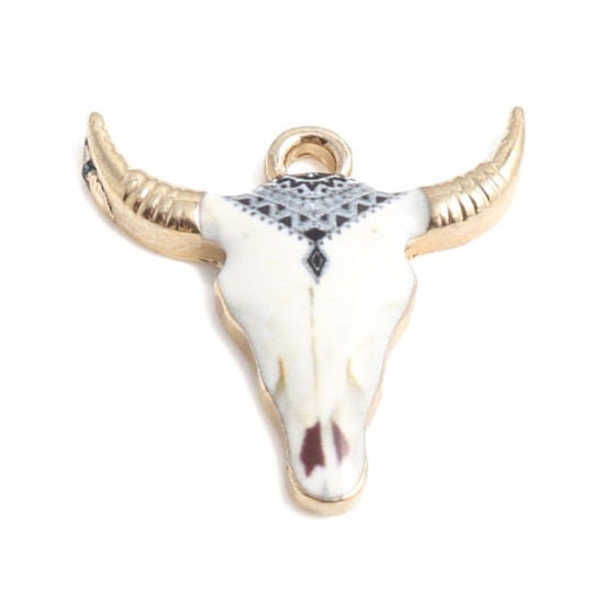 Cow head charm, white cow head with black diamond pattern, enamel gold plated charm