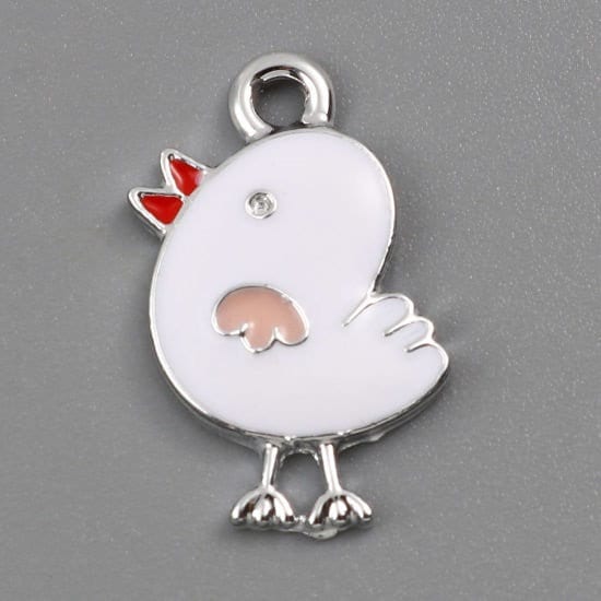 Chick charms, white enamel bird,  pendant charm silver back, farm animal