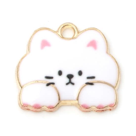 Cat face charm, white with pink paws enamel cat , gold plated charm lot, large face charm