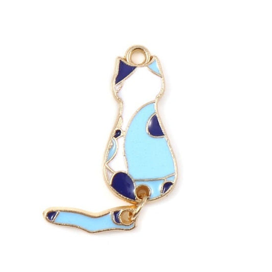 Blue Cat with moveable tail dangle charm , enamel cat white with blue and black spots  with gold plated back