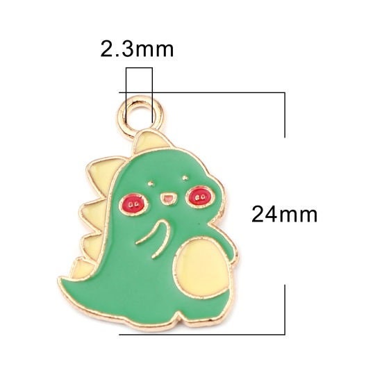 Green dinosaur charm,  enamel with yellow pattern gold plated charm