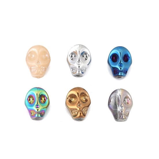 Skull glass bead mix, assorted colors in opaque and AB colors, Halloween skulls