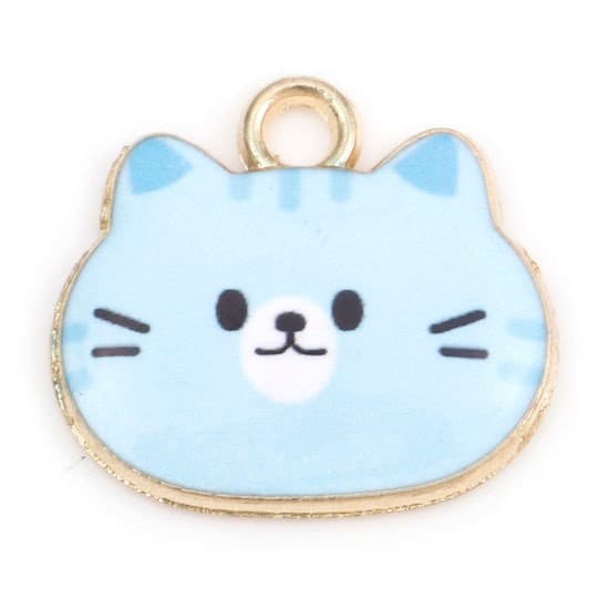 Cat face charm, blue face with white mouth enamel cat , gold plated charm lot, large face charm