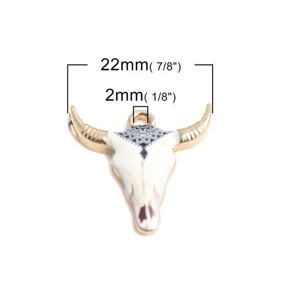 Cow head charm, white cow head with black diamond pattern, enamel gold plated charm