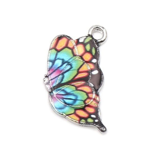 Butterfly charm, enamel with black and multicolor pattern , silver backed charm