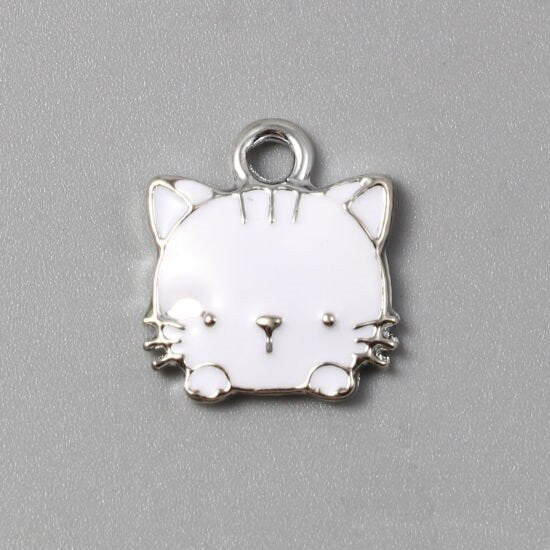 White cat charm, silver back enamel charm, has delicate faint silver features