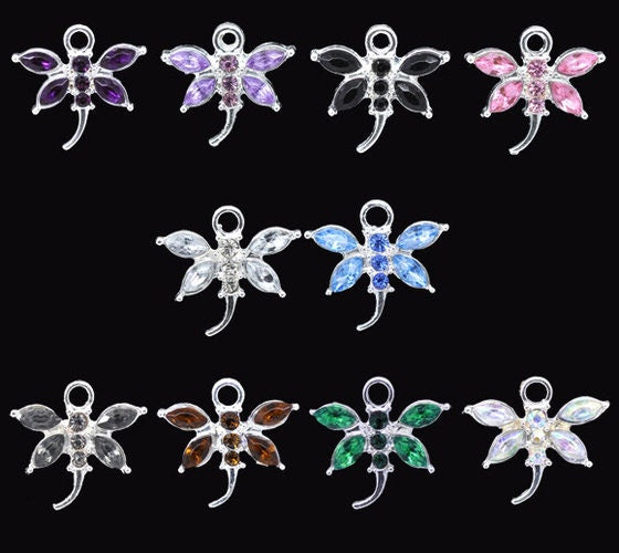 Dragonfly charms, glass rhinestone  dragonflies with silver back, assorted color charms