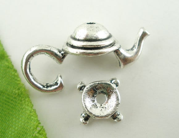 Silver Teapot Bead Cap, silver 3D charm with top and bottom, two piece sets